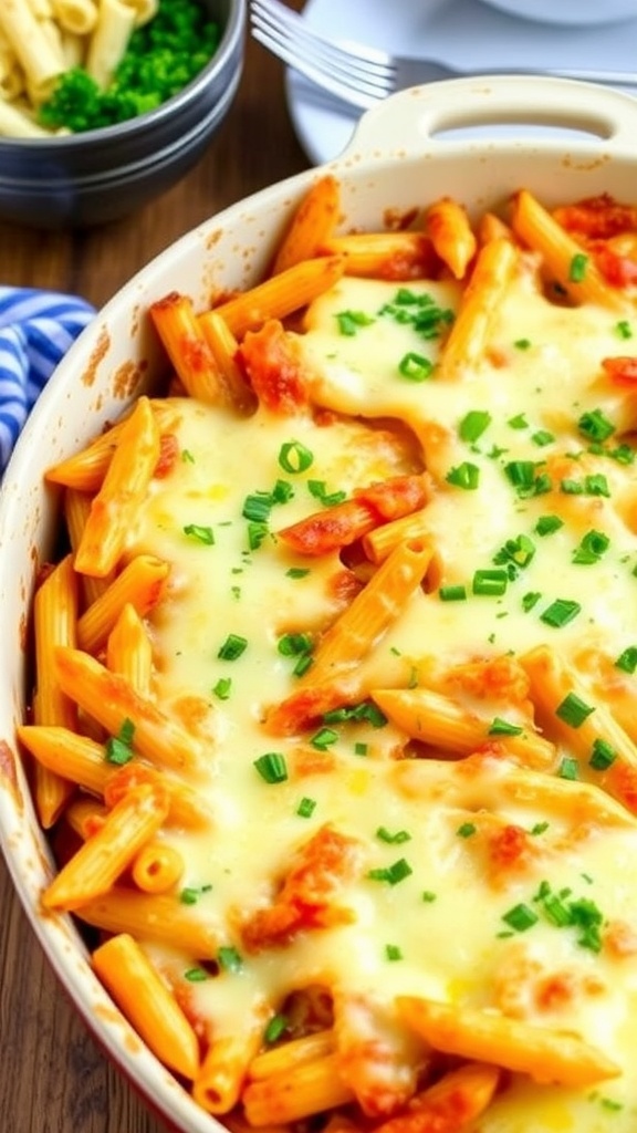 Baked Three Cheese Penne Casserole Baked three cheese penne casserole with melted cheese and parsley garnish in a rustic baking dish.